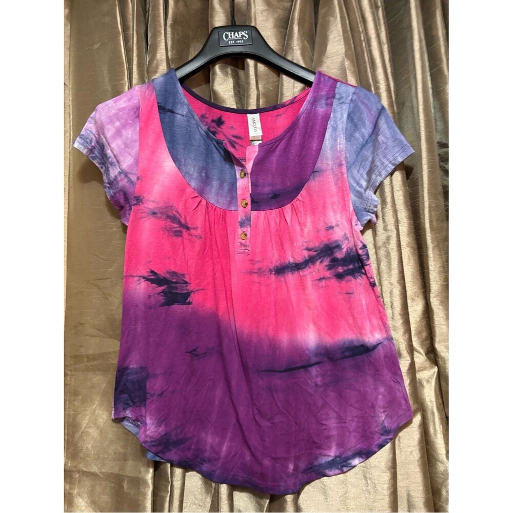 Tie-Dye Scoop Neck Short Sleeve Top in Pink & Purple 18↔️32↕️ #1800